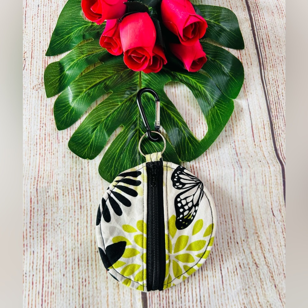 Round Colorful Cotton Quilted Butterfly Zip Coin Purse Pouch Keychain